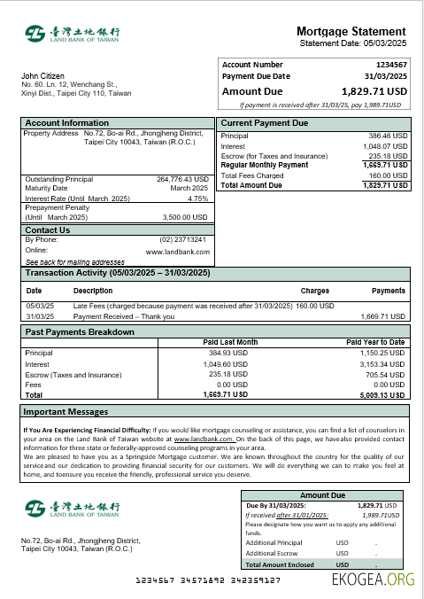 Relevé d'hypothèque bancaire de la Taiwan Land Bank of Taiwan aux formats Word et PDF